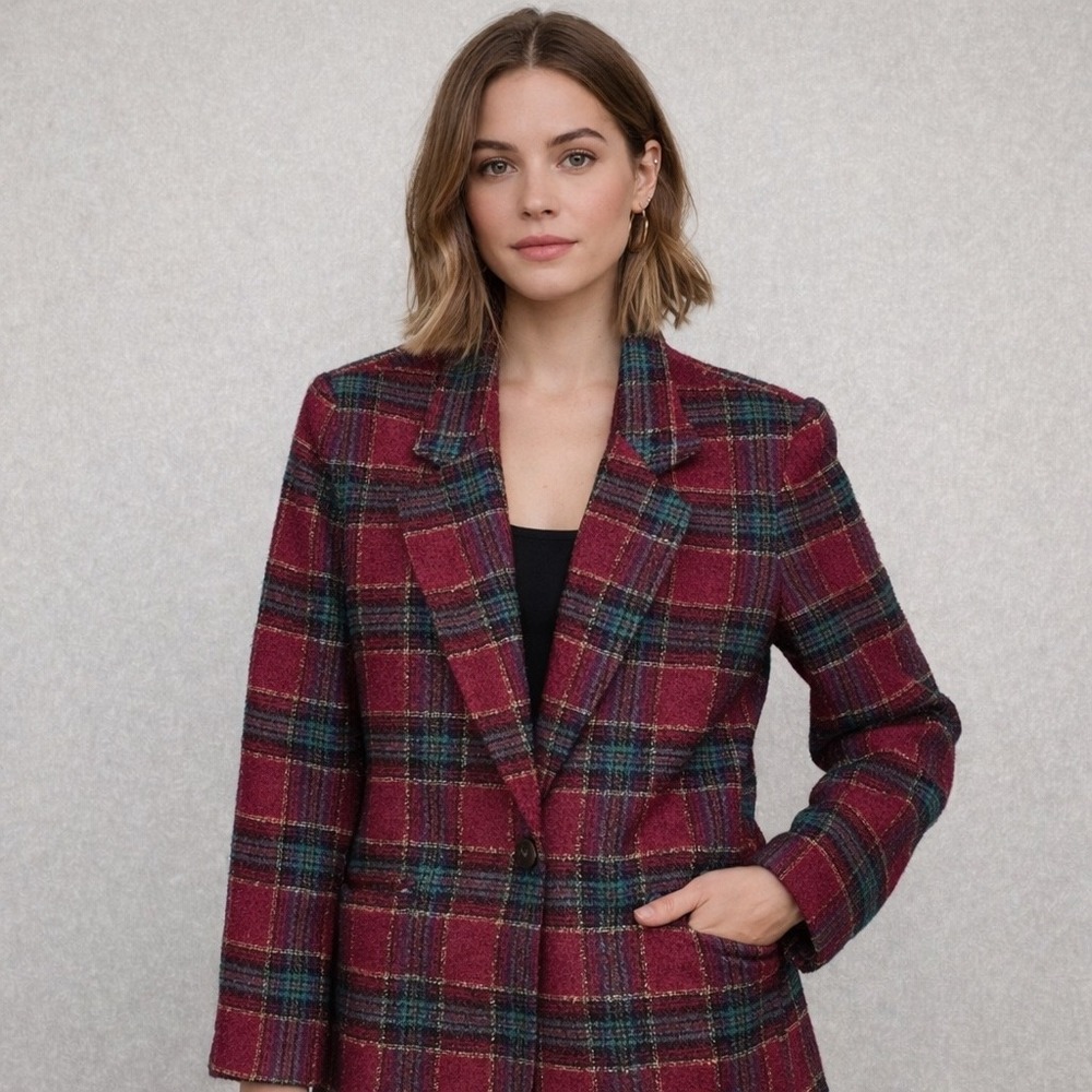 VTG Worthington Woman 16W Tartan Plaid Blazer Jacket Long Rainbow Phoebe 90s